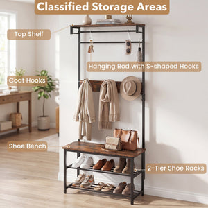 Coat Rack 4-In-1 Hall Tree with Shoe Bench and Removable Hooks-Coffee view 7