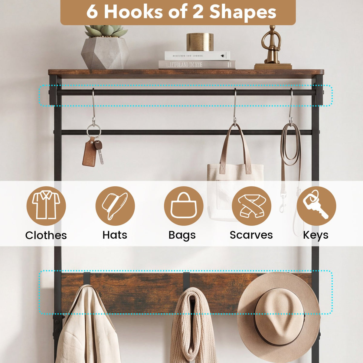 Coat Rack 4-In-1 Hall Tree with Shoe Bench and Removable Hooks-Coffee view 8