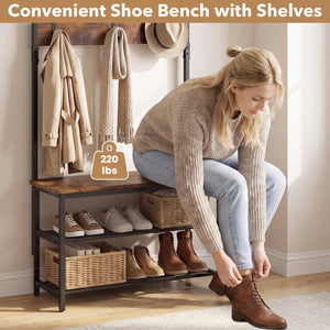 Coat Rack 4-In-1 Hall Tree with Shoe Bench and Removable Hooks-Coffee view 9
