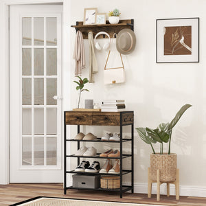 Coat Rack Shoe Stand Set 5-Tier Shoe Rack with Wall-Mounted Coat Hanger-Brown view 2
