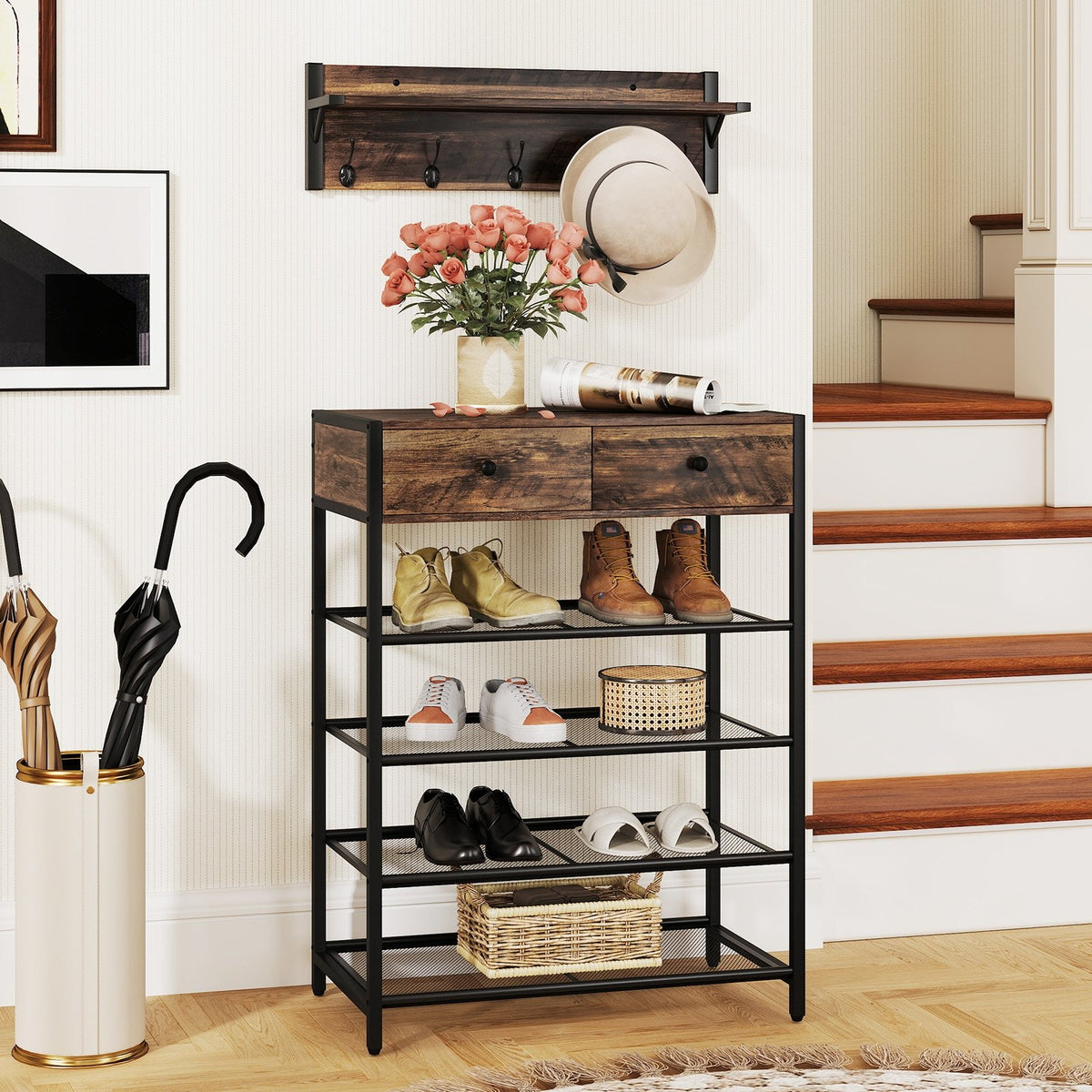 Coat Rack Shoe Stand Set 5-Tier Shoe Rack with Wall-Mounted Coat Hanger-Brown view 3
