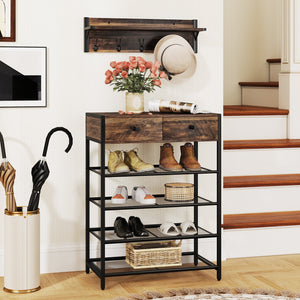Coat Rack Shoe Stand Set 5-Tier Shoe Rack with Wall-Mounted Coat Hanger-Brown view 3