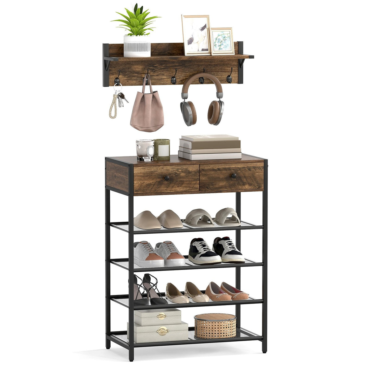 Coat Rack Shoe Stand Set 5-Tier Shoe Rack with Wall-Mounted Coat Hanger-Brown view 4