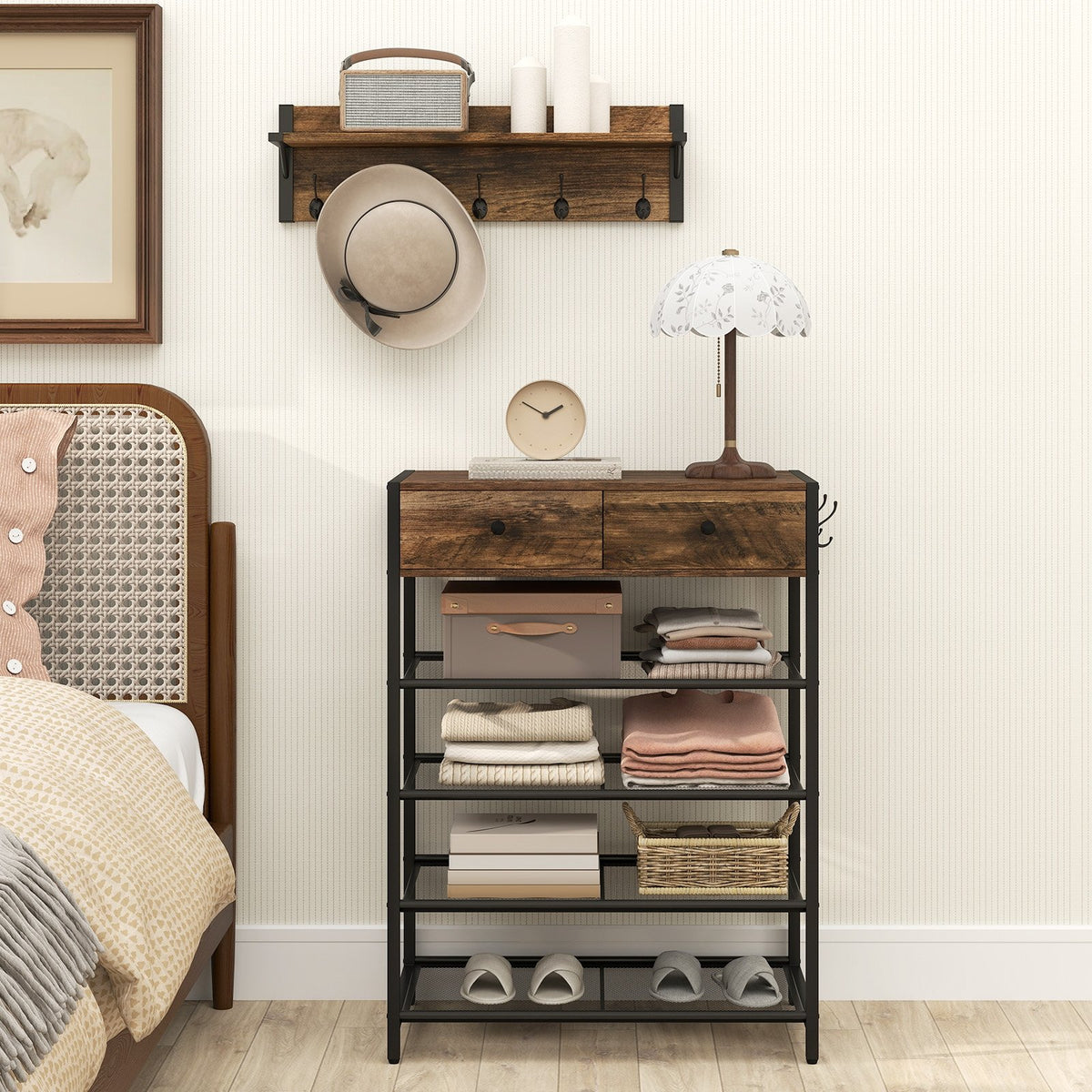 Coat Rack Shoe Stand Set 5-Tier Shoe Rack with Wall-Mounted Coat Hanger-Brown view 6