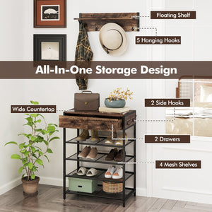 Coat Rack Shoe Stand Set 5-Tier Shoe Rack with Wall-Mounted Coat Hanger-Brown view 7