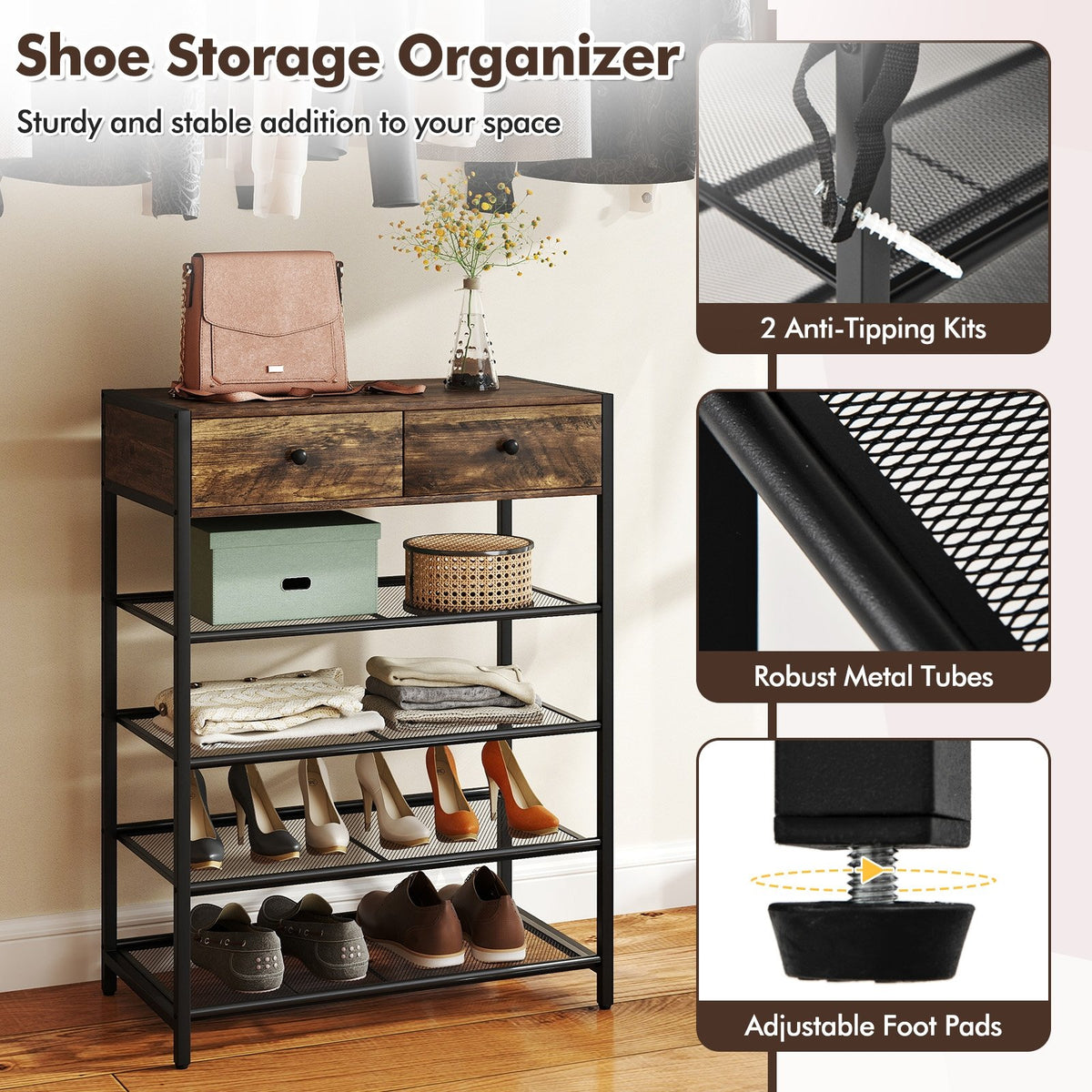 Coat Rack Shoe Stand Set 5-Tier Shoe Rack with Wall-Mounted Coat Hanger-Brown view 8