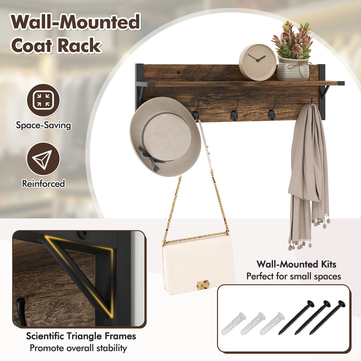 Coat Rack Shoe Stand Set 5-Tier Shoe Rack with Wall-Mounted Coat Hanger-Brown view 9