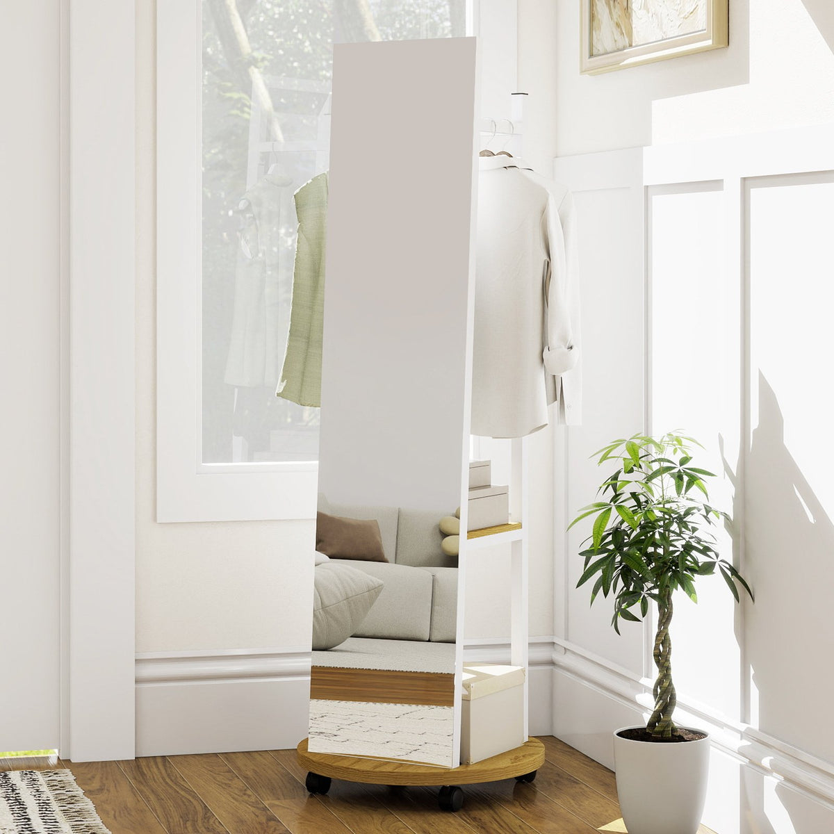 Coat Rack with Full Length Mirror Freestanding Coat Tree with 3 Hooks-Natural view 2