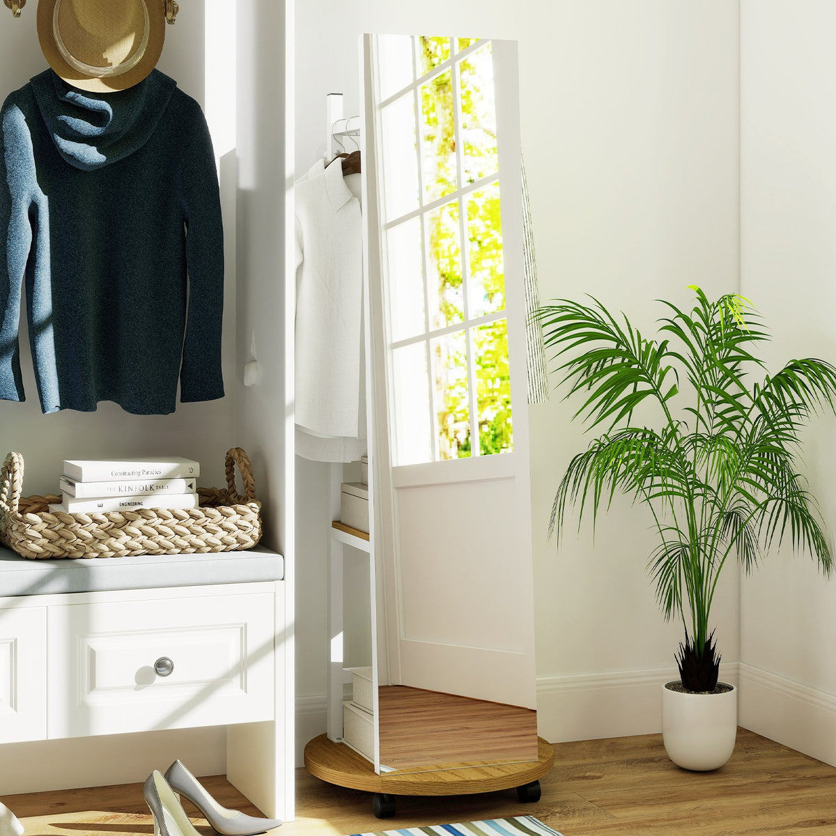 Coat Rack with Full Length Mirror Freestanding Coat Tree with 3 Hooks-Natural view 3