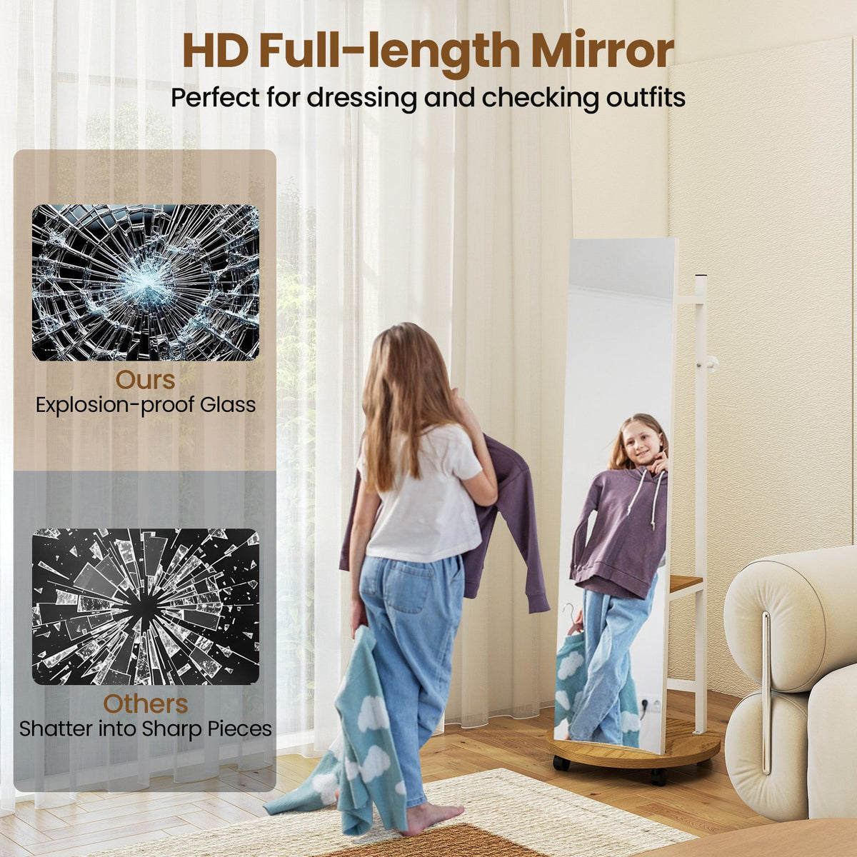 Coat Rack with Full Length Mirror Freestanding Coat Tree with 3 Hooks-Natural view 6