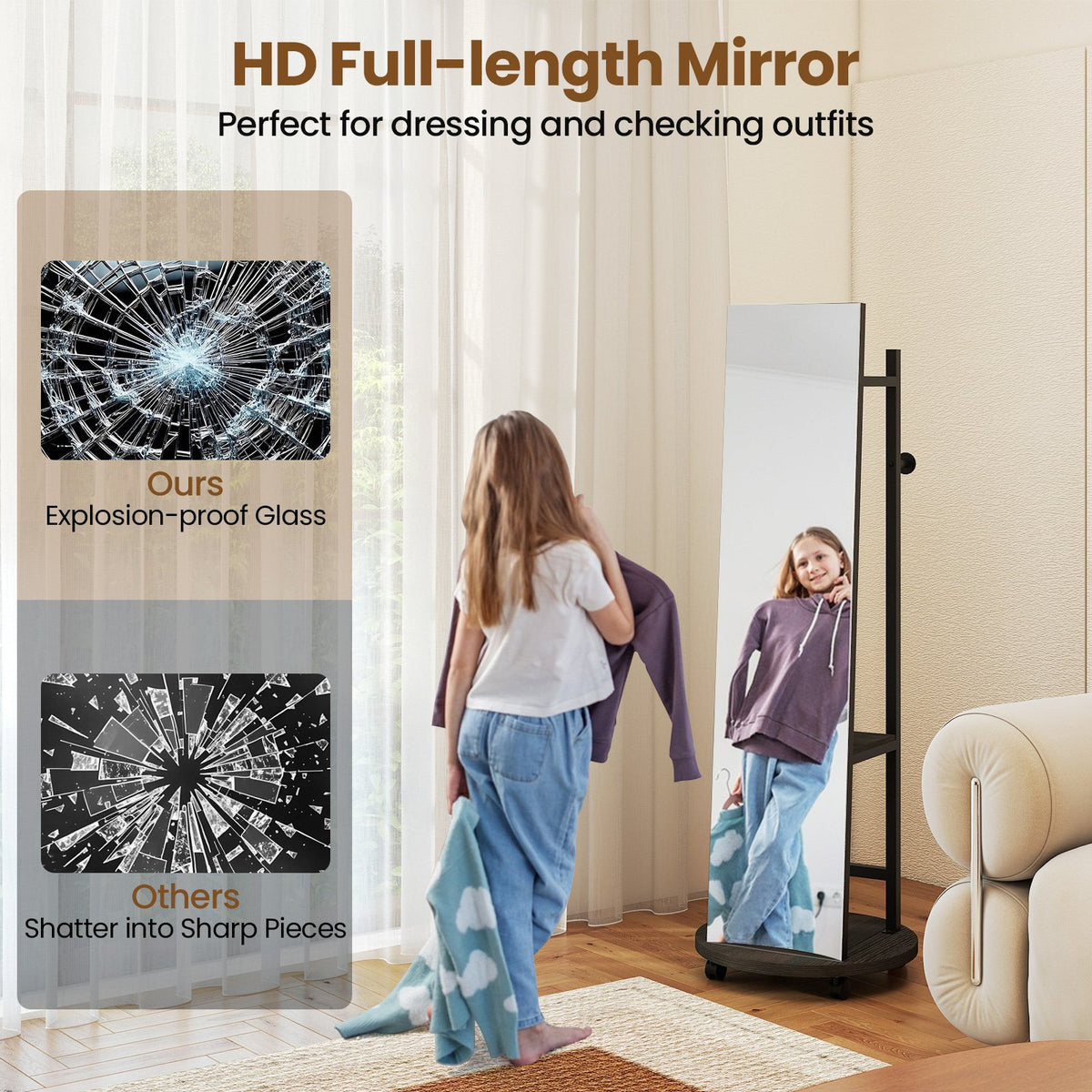 Coat Rack with Full Length Mirror Freestanding Coat Tree with 3 Hooks-Walnut view 6