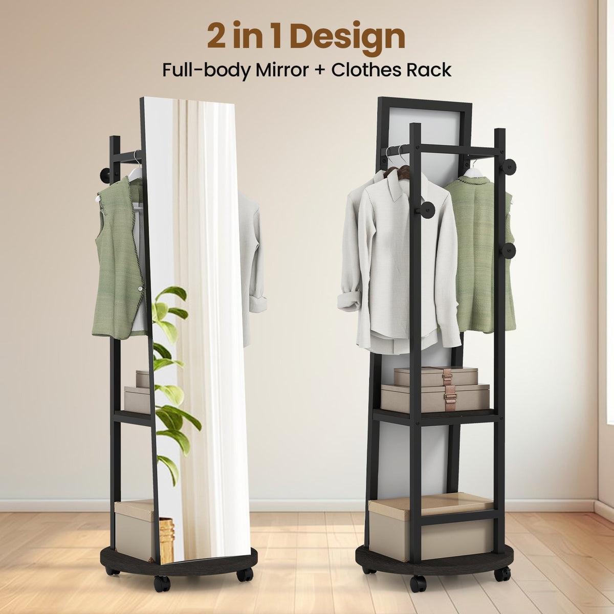 Coat Rack with Full Length Mirror Freestanding Coat Tree with 3 Hooks-Walnut view 7