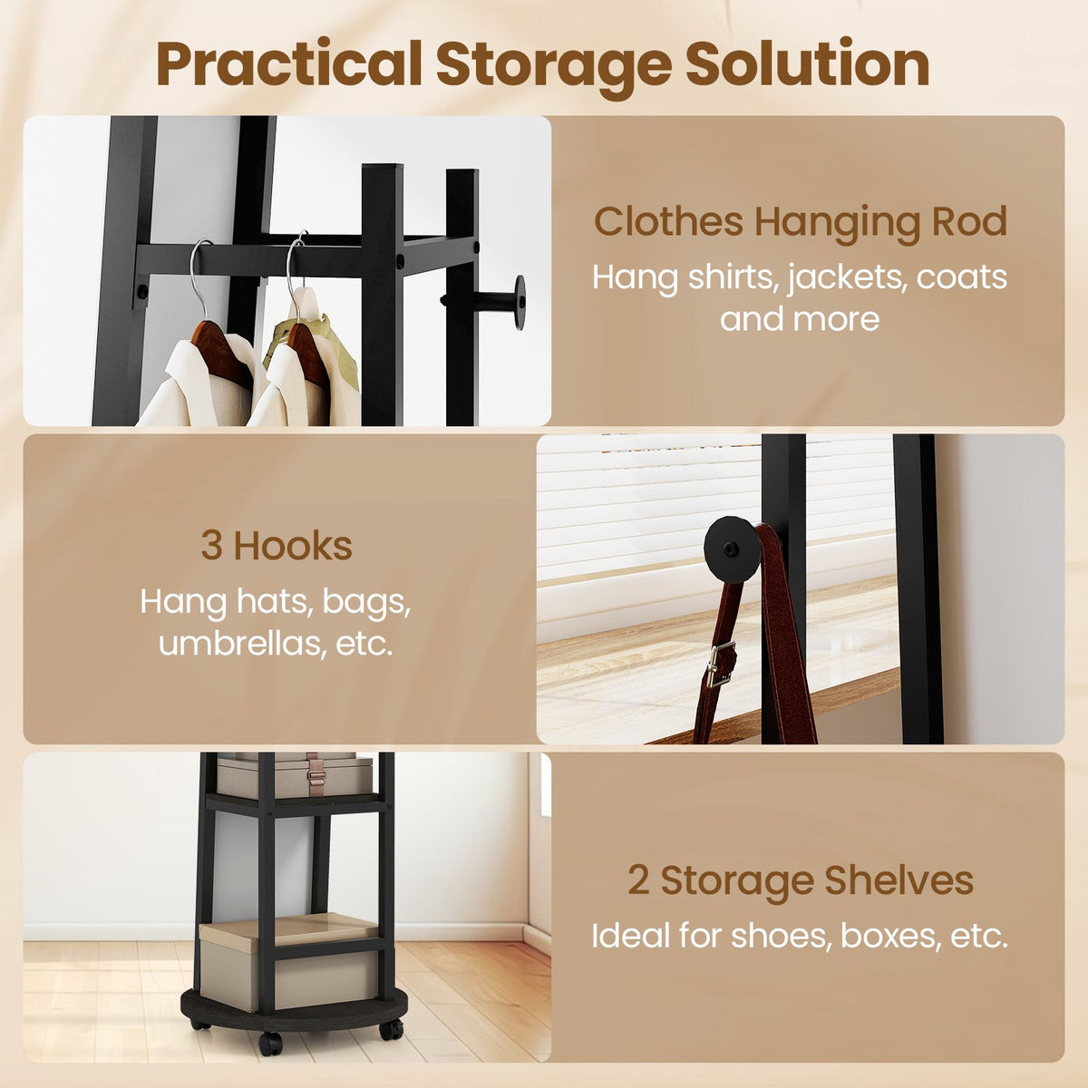 Coat Rack with Full Length Mirror Freestanding Coat Tree with 3 Hooks-Walnut view 8