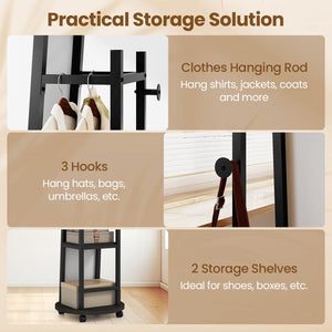 Coat Rack with Full Length Mirror Freestanding Coat Tree with 3 Hooks-Walnut view 8