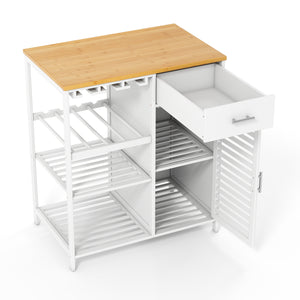 Coffee Bar Cabinet with Glass Holder Wine Rack and Bamboo Top-White