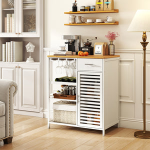 Coffee Bar Cabinet with Glass Holder Wine Rack and Bamboo Top-White view 2