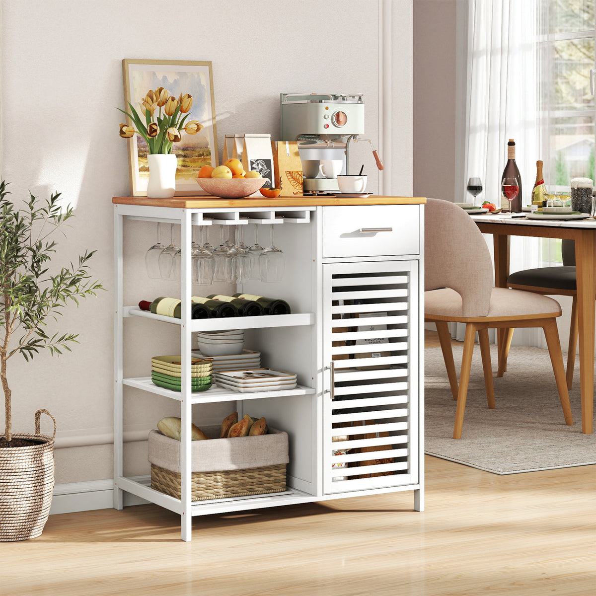 Coffee Bar Cabinet with Glass Holder Wine Rack and Bamboo Top-White view 3