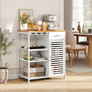 Coffee Bar Cabinet with Glass Holder Wine Rack and Bamboo Top-White view 3