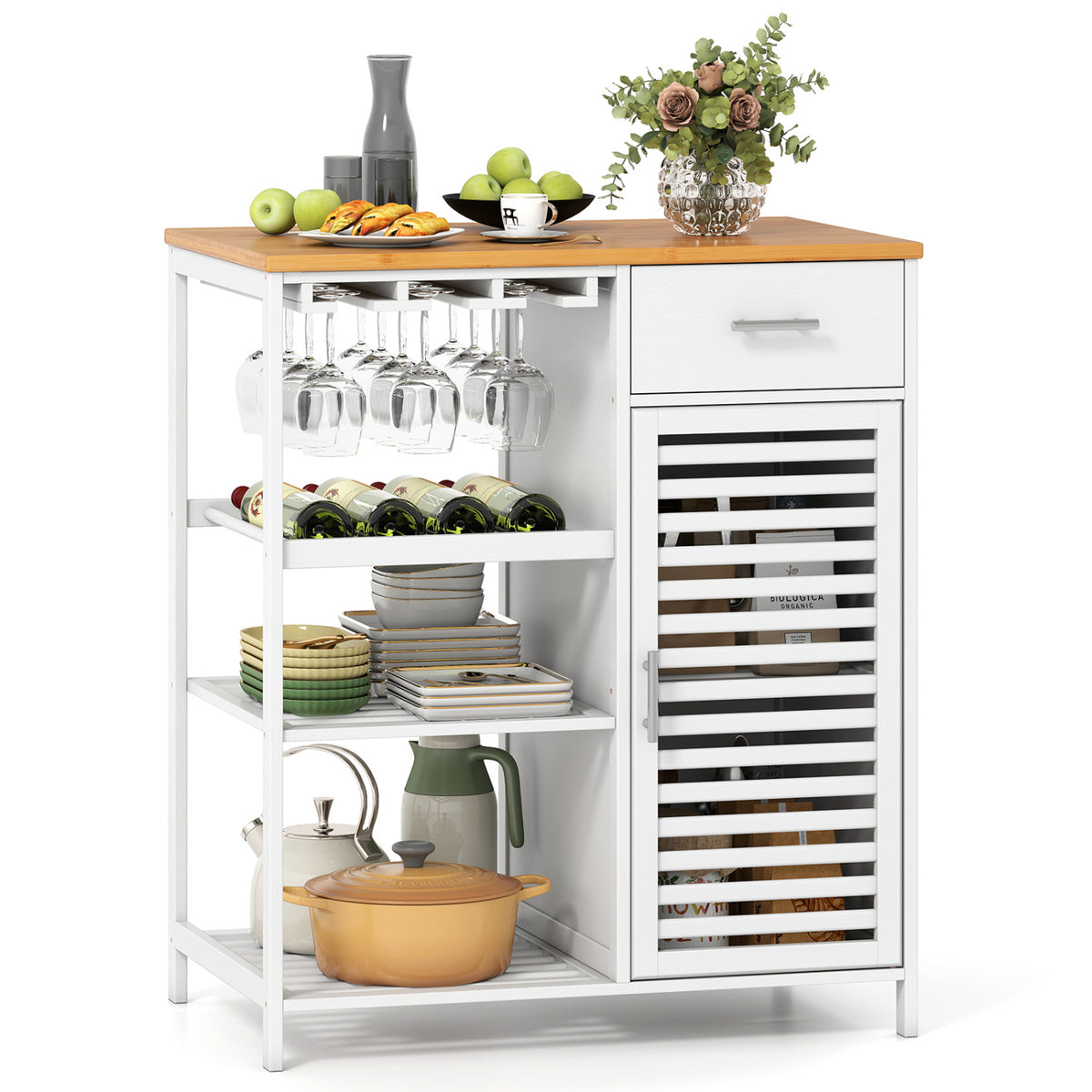 Coffee Bar Cabinet with Glass Holder Wine Rack and Bamboo Top-White view 4