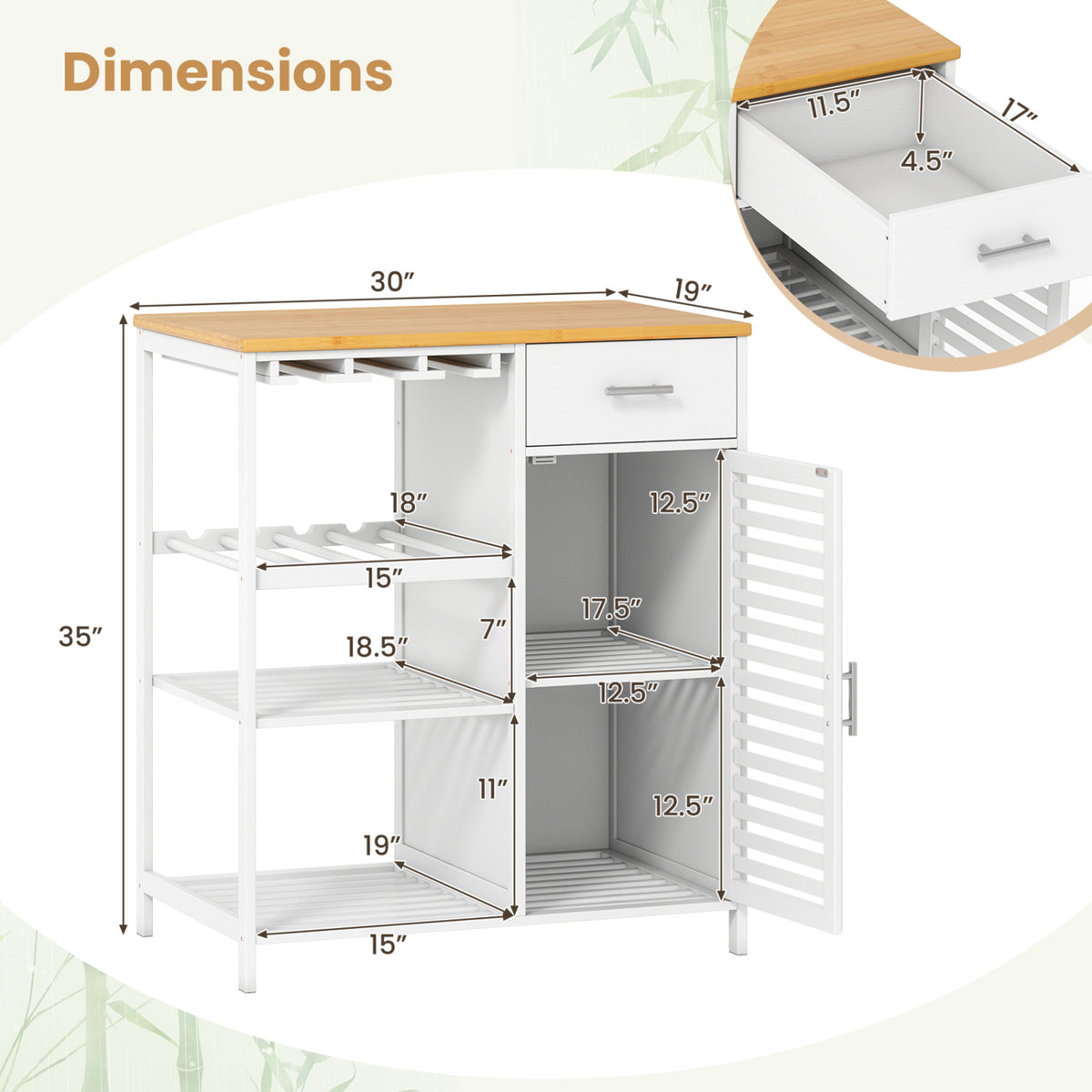 Coffee Bar Cabinet with Glass Holder Wine Rack and Bamboo Top-White view 5
