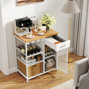 Coffee Bar Cabinet with Glass Holder Wine Rack and Bamboo Top-White view 6