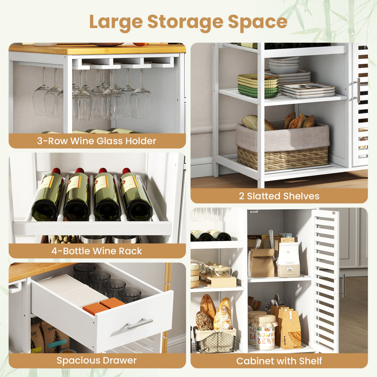 Coffee Bar Cabinet with Glass Holder Wine Rack and Bamboo Top-White view 9