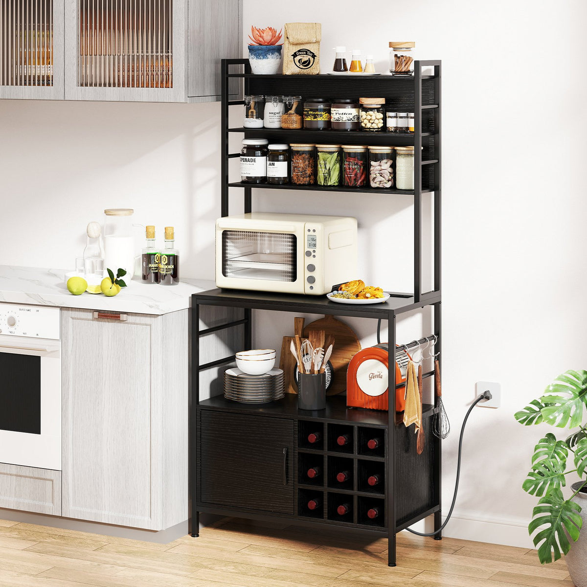 Coffee Bar Cabinet with S-Shaped Hooks and Wine Bottle Holders-Black view 2