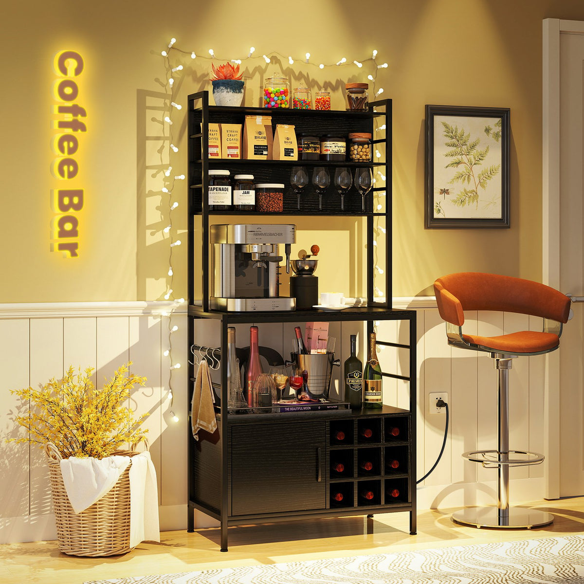 Coffee Bar Cabinet with S-Shaped Hooks and Wine Bottle Holders-Black view 3