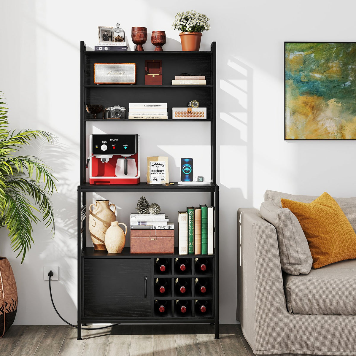 Coffee Bar Cabinet with S-Shaped Hooks and Wine Bottle Holders-Black view 7
