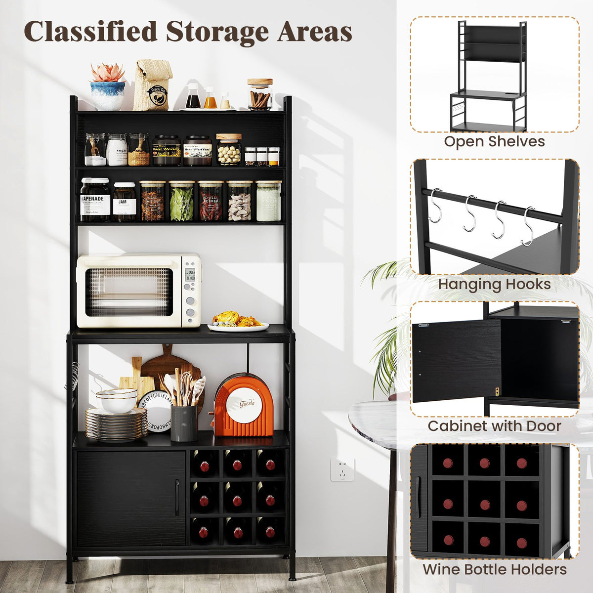 Coffee Bar Cabinet with S-Shaped Hooks and Wine Bottle Holders-Black view 9
