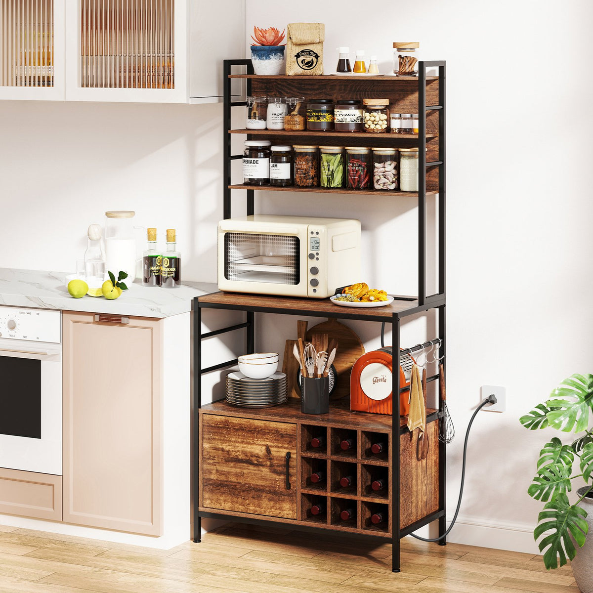 Coffee Bar Cabinet with S-Shaped Hooks and Wine Bottle Holders-Rustic Brown view 2