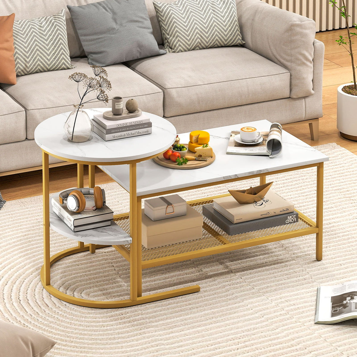 Coffee Table 2-Tier Rectangle Coffee Table and Side End Table with Storage Shelves-White and Golden view 2