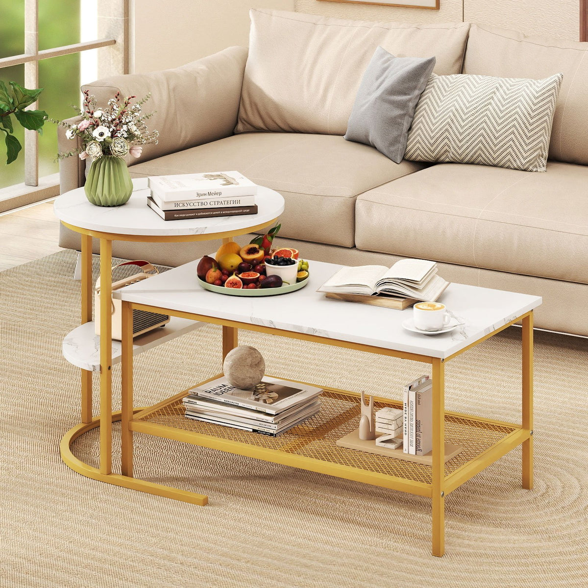 Coffee Table 2-Tier Rectangle Coffee Table and Side End Table with Storage Shelves-White and Golden view 3