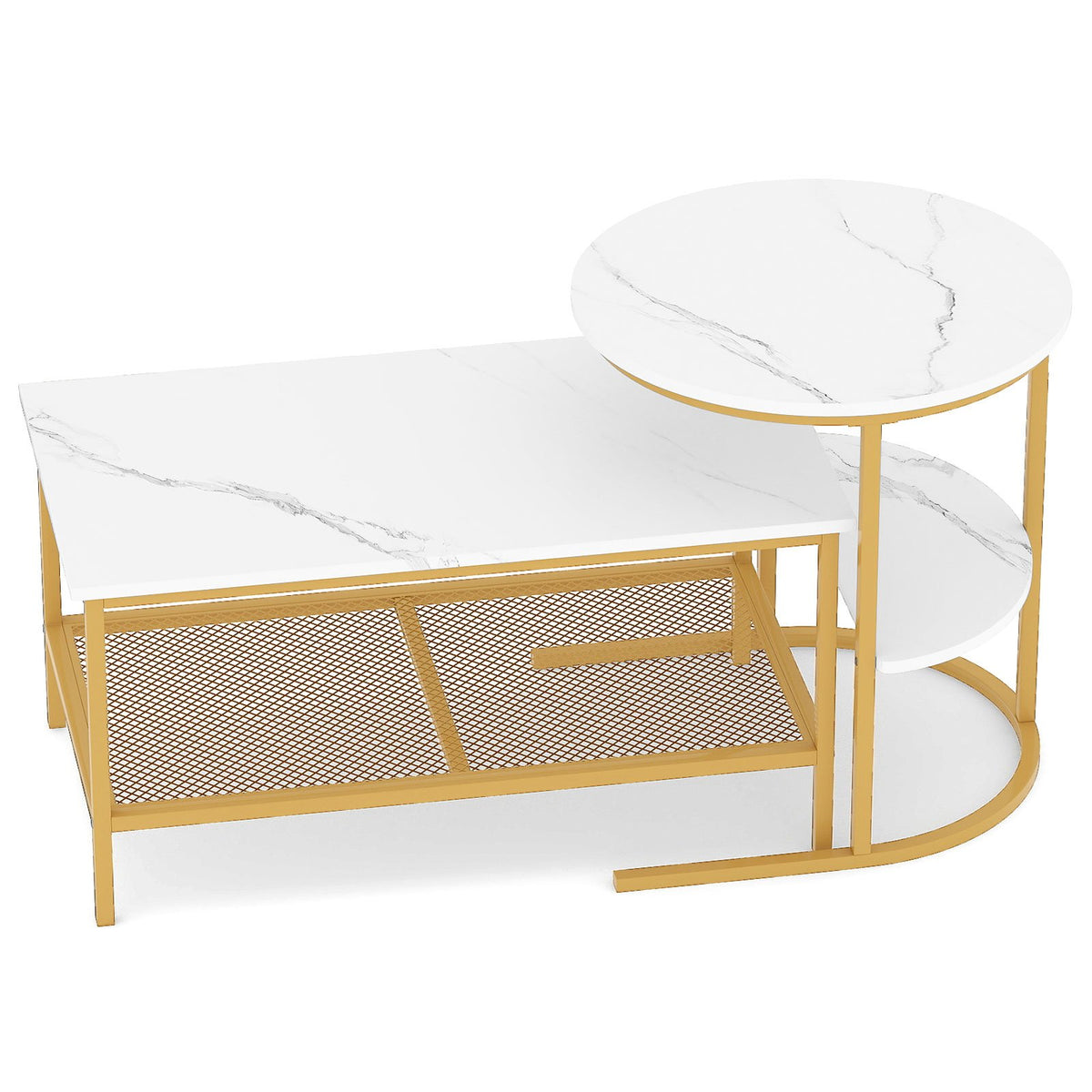 Coffee Table 2-Tier Rectangle Coffee Table and Side End Table with Storage Shelves-White and Golden view 4