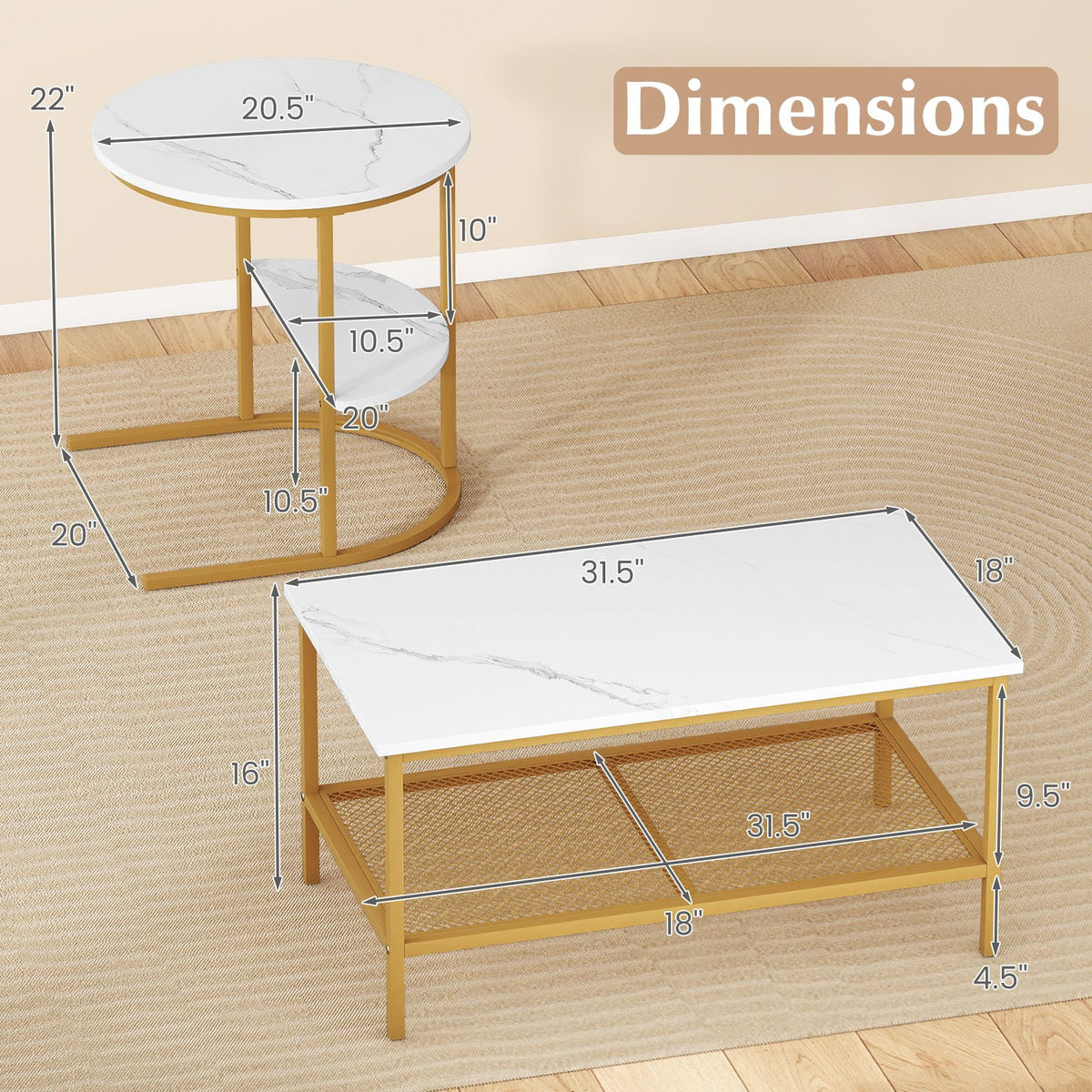 Coffee Table 2-Tier Rectangle Coffee Table and Side End Table with Storage Shelves-White and Golden view 5
