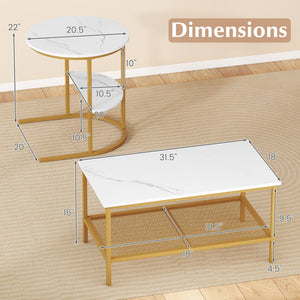 Coffee Table 2-Tier Rectangle Coffee Table and Side End Table with Storage Shelves-White and Golden view 5
