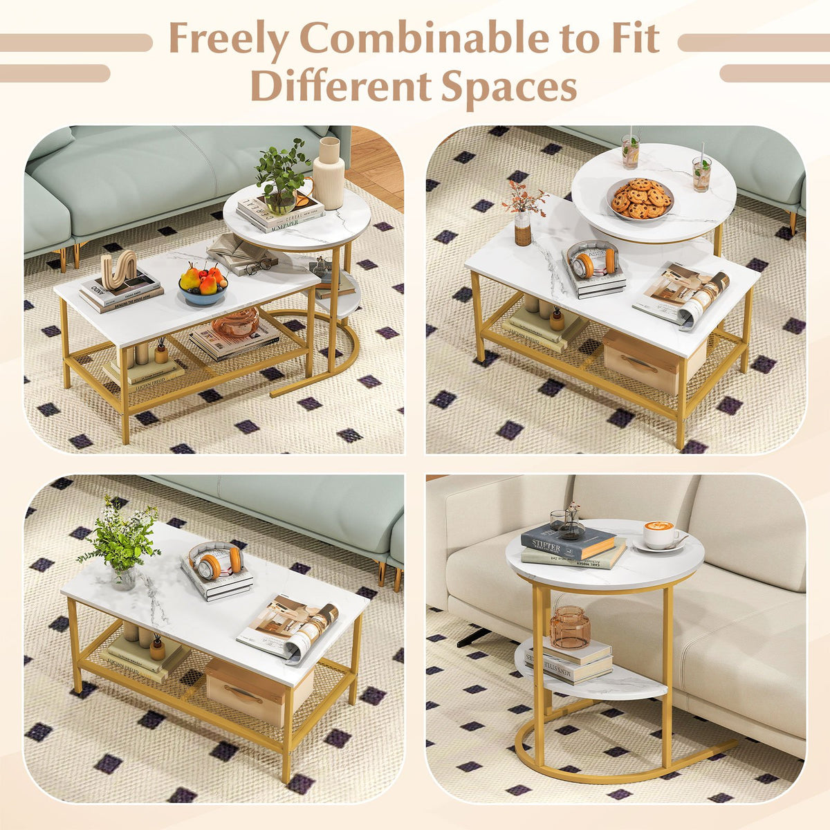 Coffee Table 2-Tier Rectangle Coffee Table and Side End Table with Storage Shelves-White and Golden view 9