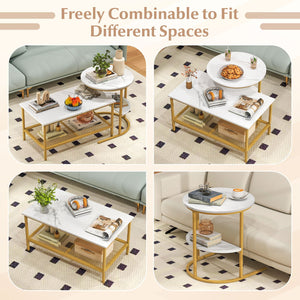 Coffee Table 2-Tier Rectangle Coffee Table and Side End Table with Storage Shelves-White and Golden view 9