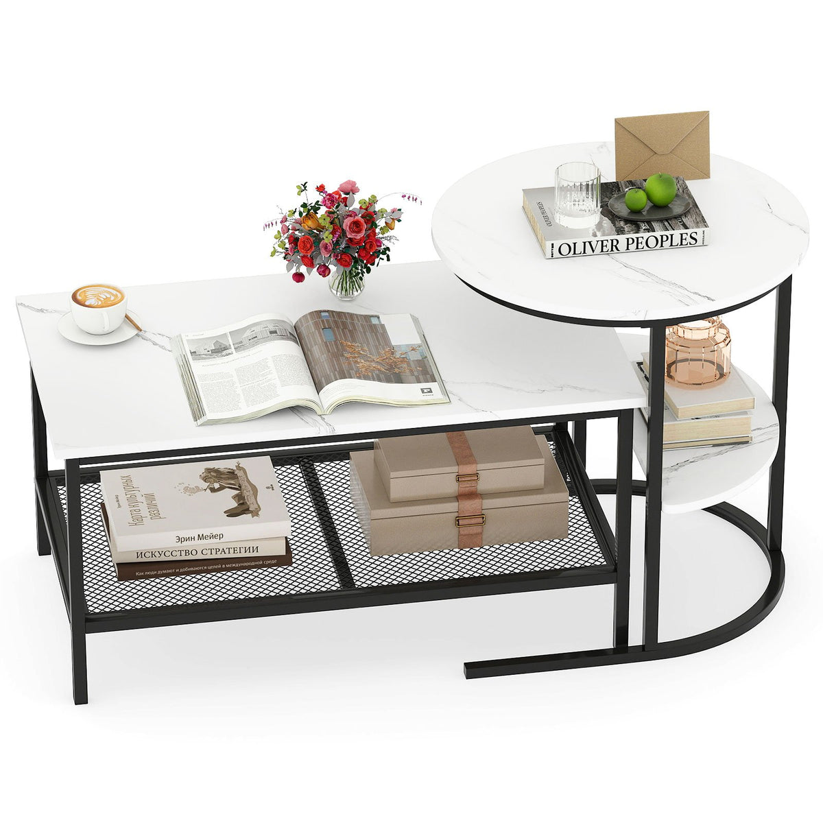 Coffee Table Set of 2 2-Tier Rectangle Coffee Table and Side End Table with Storage Shelves-White