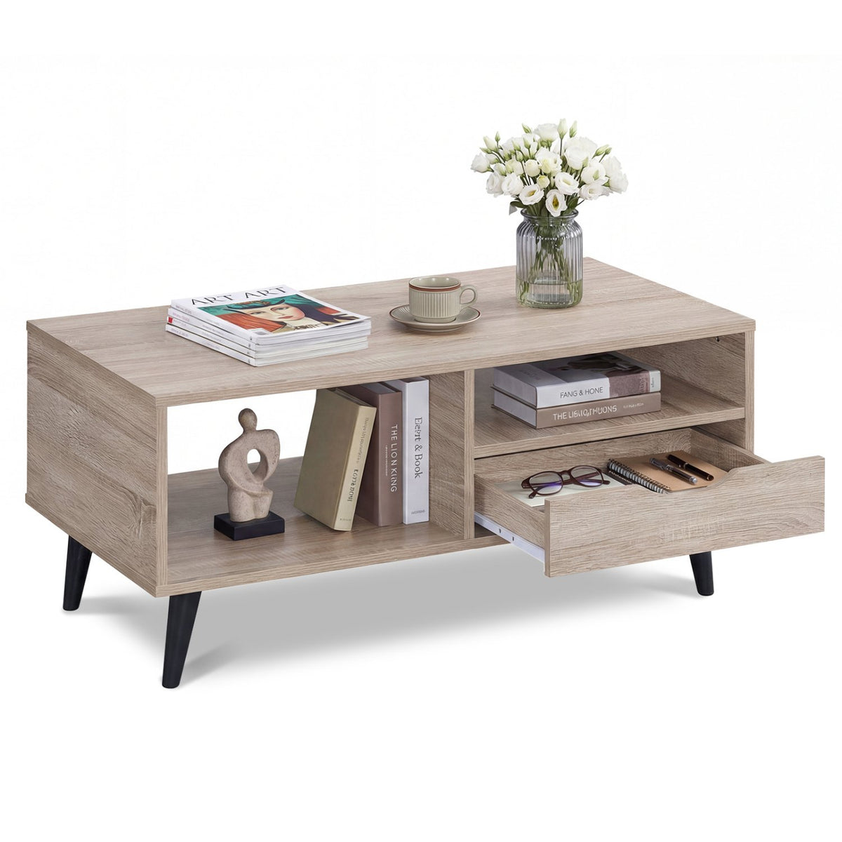 Coffee Table with Storage Rustic Rectangle Center Table-Natural