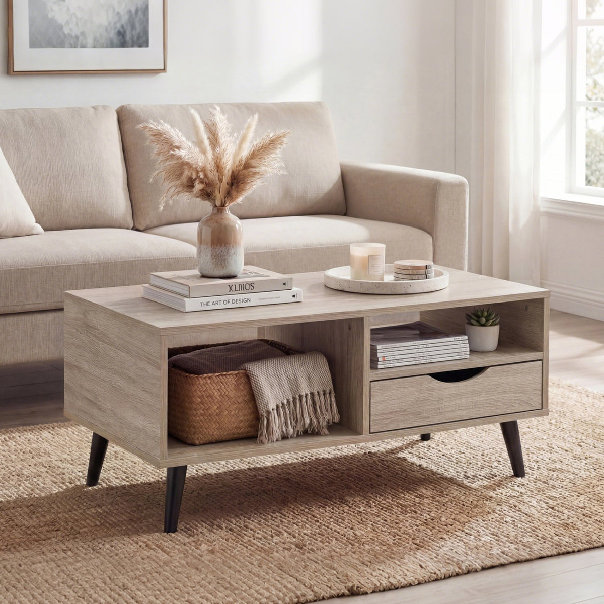 Coffee Table with Storage Rustic Rectangle Center Table-Natural view 2