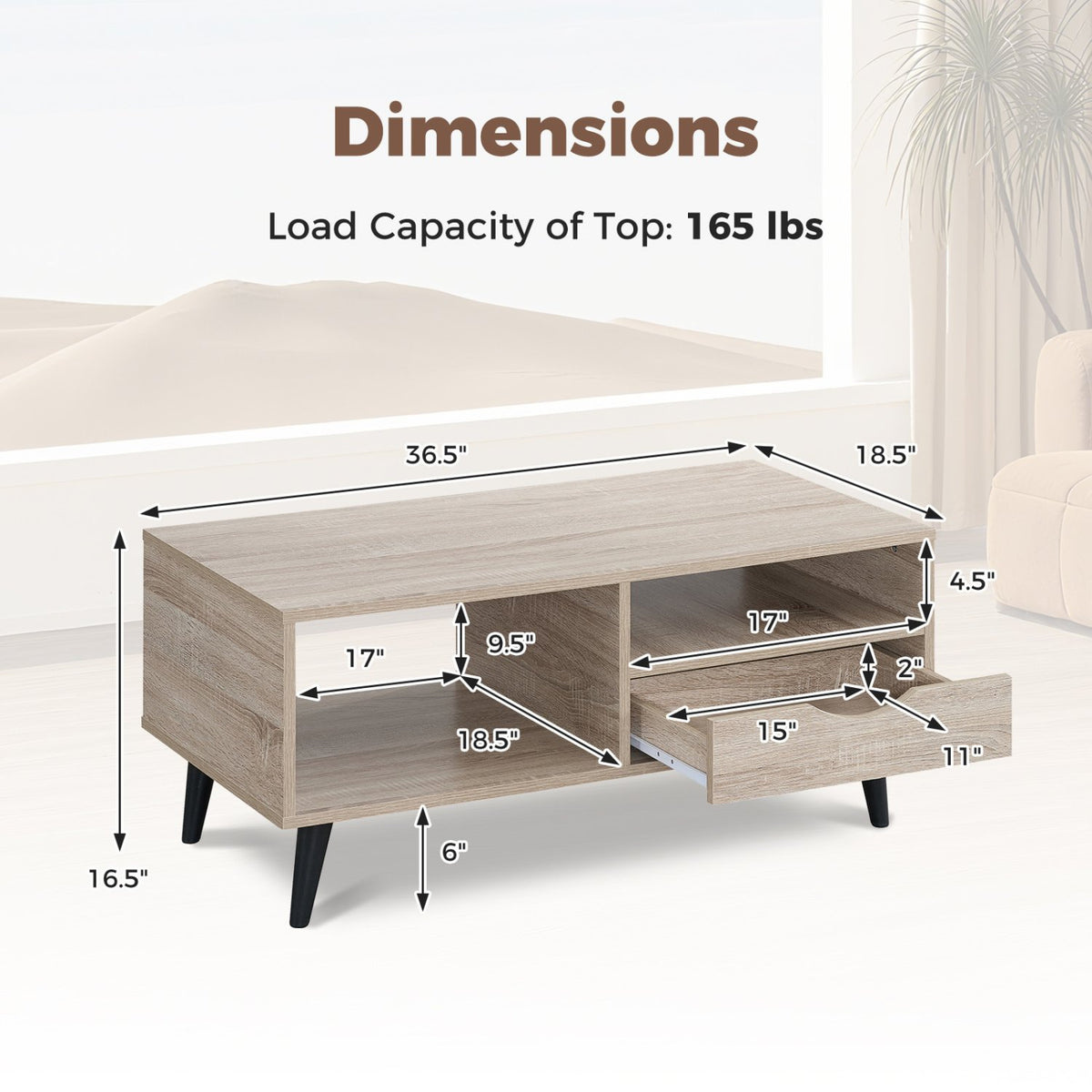Coffee Table with Storage Rustic Rectangle Center Table-Natural view 5