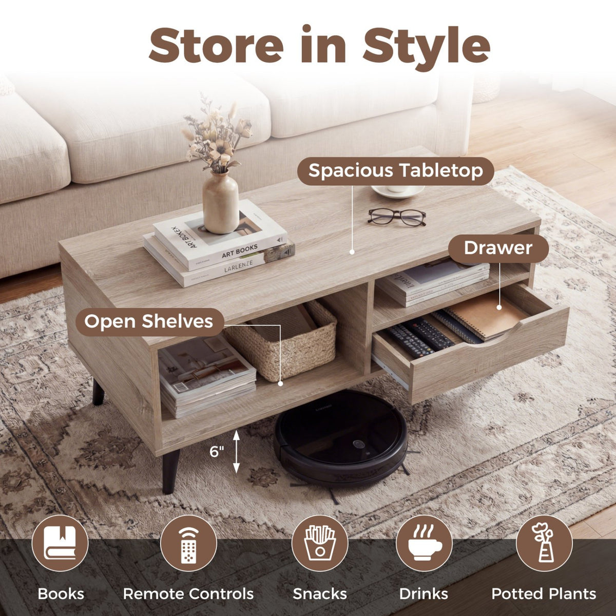 Coffee Table with Storage Rustic Rectangle Center Table-Natural view 7