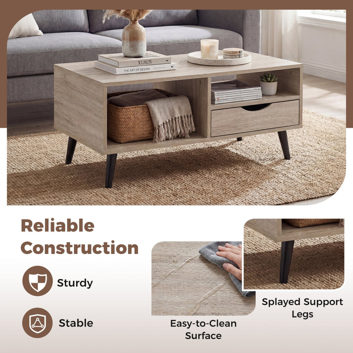 Coffee Table with Storage Rustic Rectangle Center Table-Natural view 8