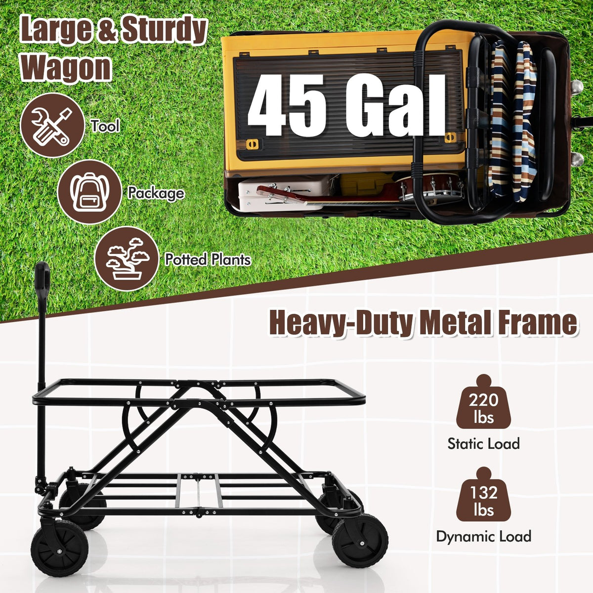 Collapsible Folding Wagon Cart with Adjustable Handlebar-Coffee view 6