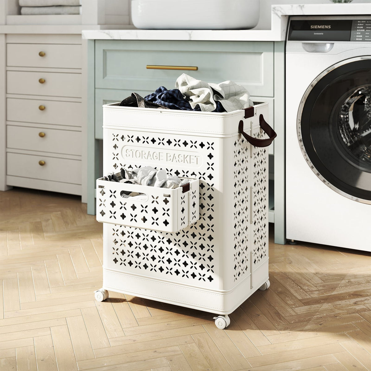 Collapsible Laundry Basket 20 Gallon Plastic Storage Bin-White view 2