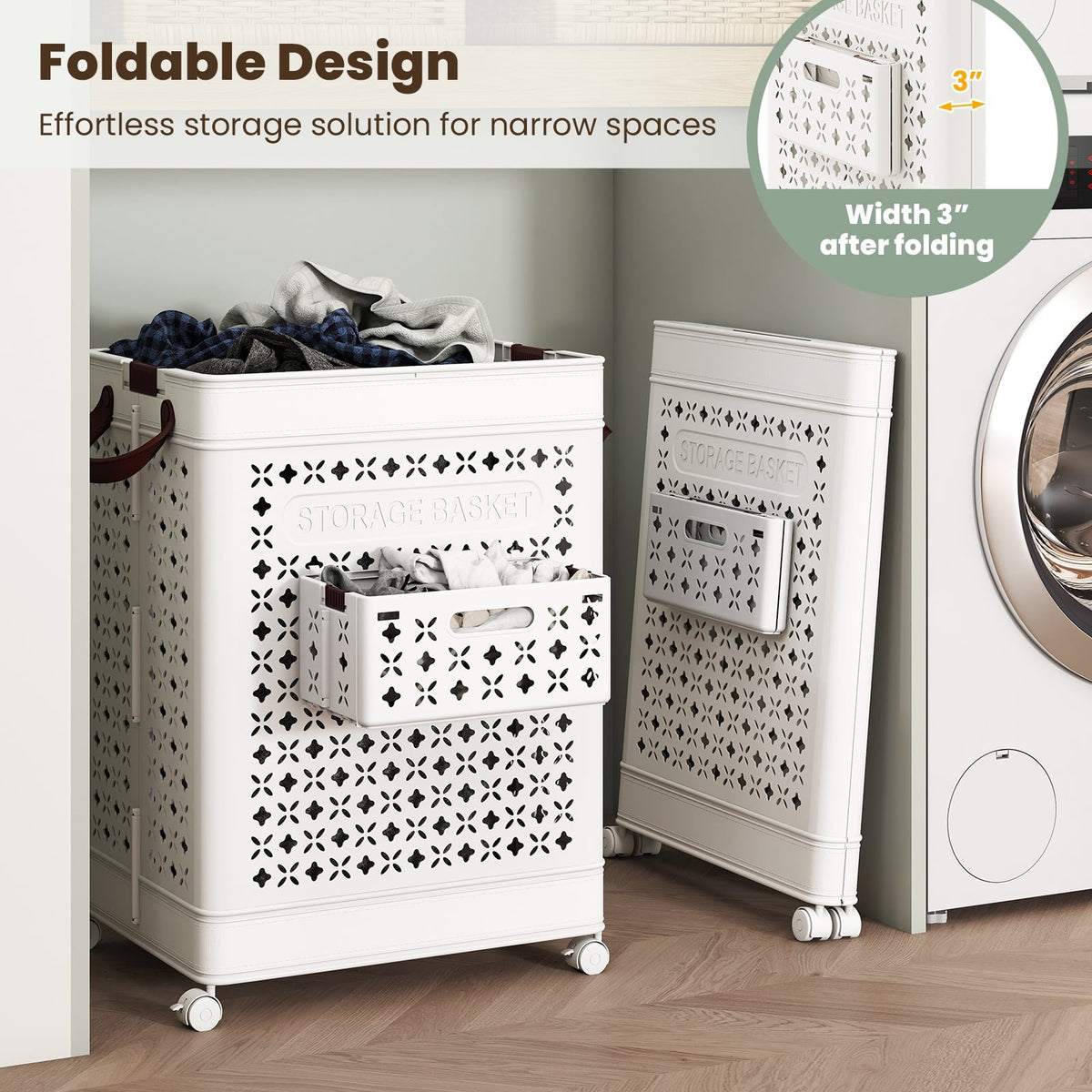Collapsible Laundry Basket 20 Gallon Plastic Storage Bin-White view 3