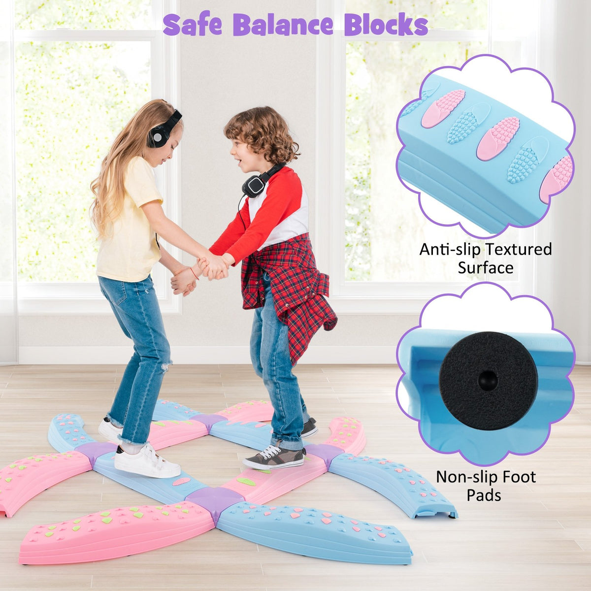 Colorful Kids Wavy Balance Beam with Textured Surface and Non-slip Foot Pads-Blue and Pink view 8