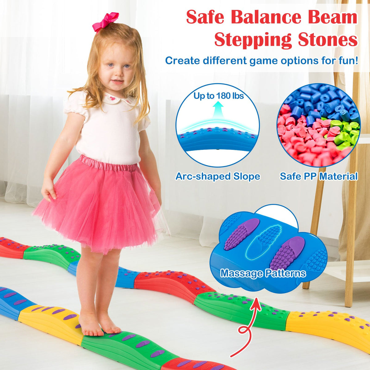 Colorful Kids Wavy Balance Beam with Textured Surface and Non-slip Foot Pads-Multicolor view 5