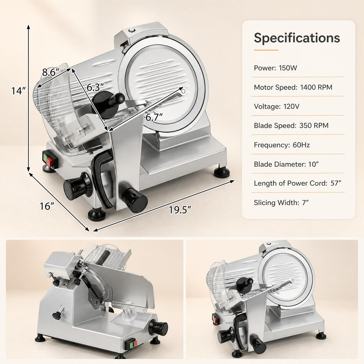 Commercial Meat Slicer with 10 inches Carbon Steel Blade and 0-0.47 inches Adjustable Thickness for Frozen Meat Cheese-Silver view 4